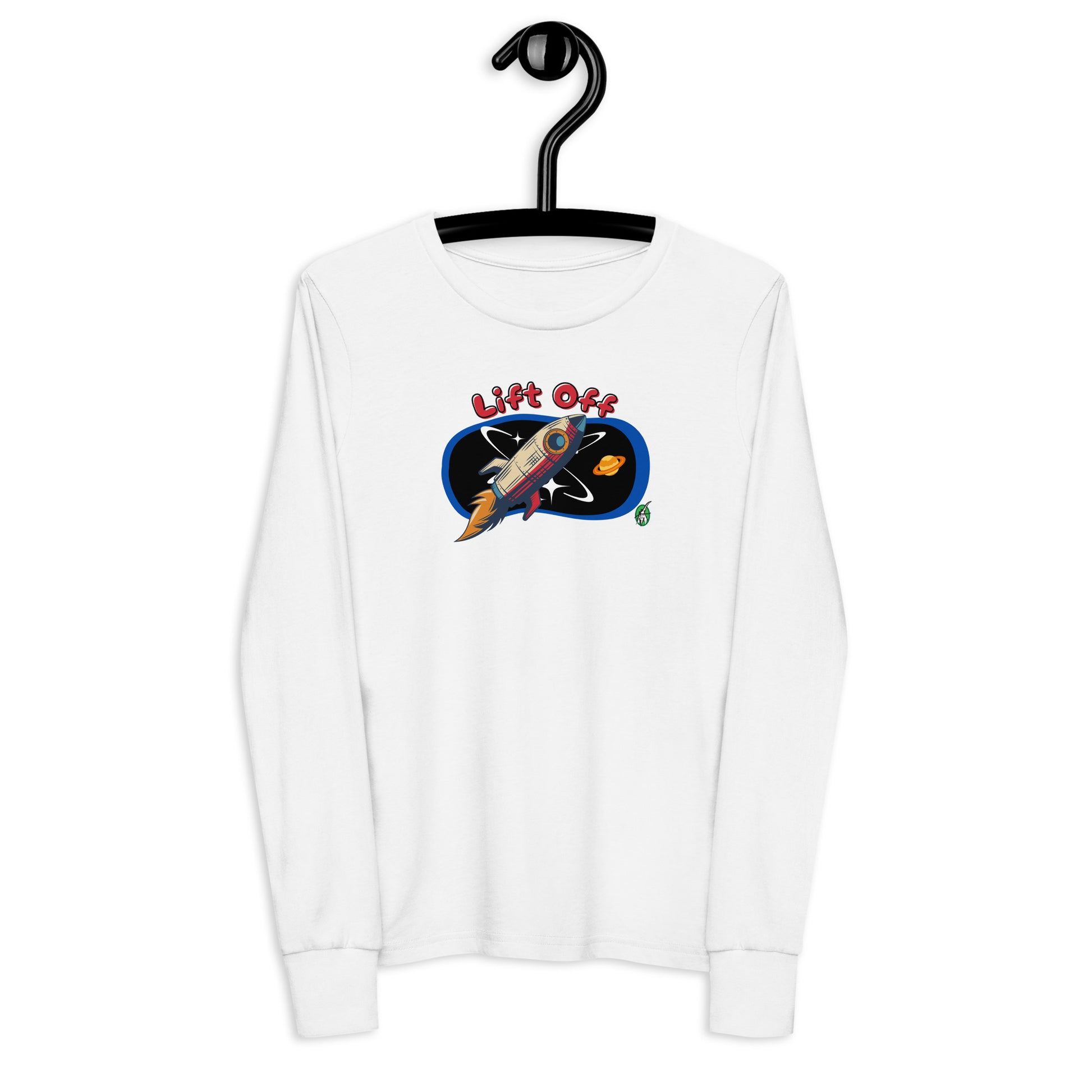 Kids' white long sleeve t-shirt with a printed graphic of a rocket and the words, 'Lift Off'. Designed by Wizard Prints