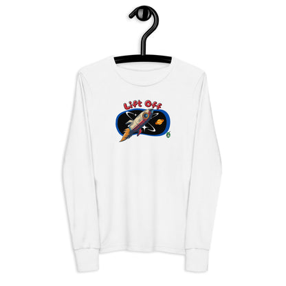 Kids' white long sleeve t-shirt with a printed graphic of a rocket and the words, 'Lift Off'. Designed by Wizard Prints