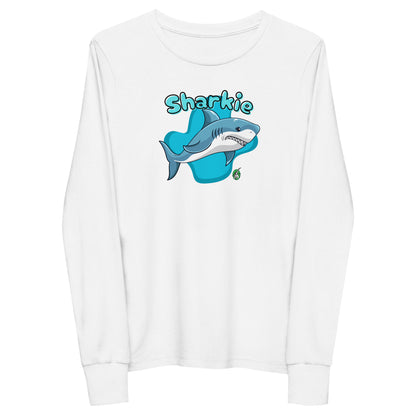 Kids' white long sleeve t-shirt with a printed graphic of a shark and the word, 'Sharkie'. Designed by Wizard Prints