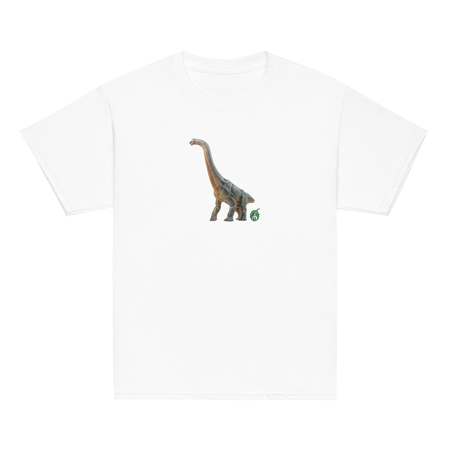 Kids' white t-shirt featuring a printed graphic of a life like brachiosaurus, designed by Wizard Prints.