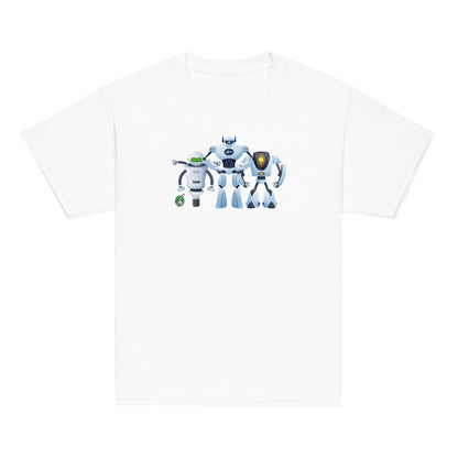 Kids' white t-shirt featuring a printed graphic of cartoon robots, designed by Wizard Prints.
