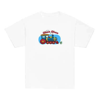 Kids' white t-shirt featuring a printed graphic of a cartoon train, designed by Wizard Prints.