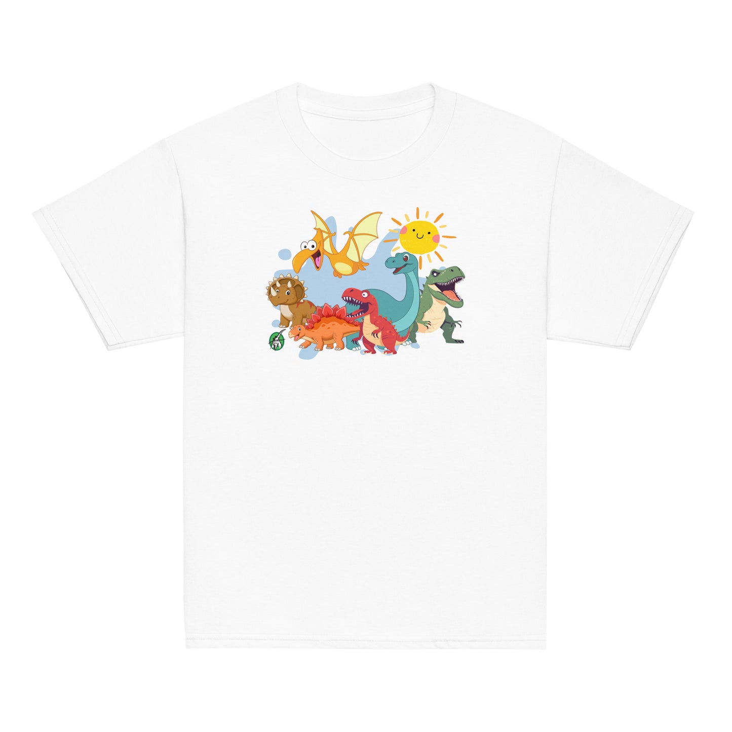 Kids' white t-shirt with a printed graphic of a group of colorful cartoon dinosaurs and the sun. Designed by Wizard Prints.