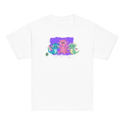 Kids' white t-shirt featuring a printed graphic of colorful dragons, designed by Wizard Prints.