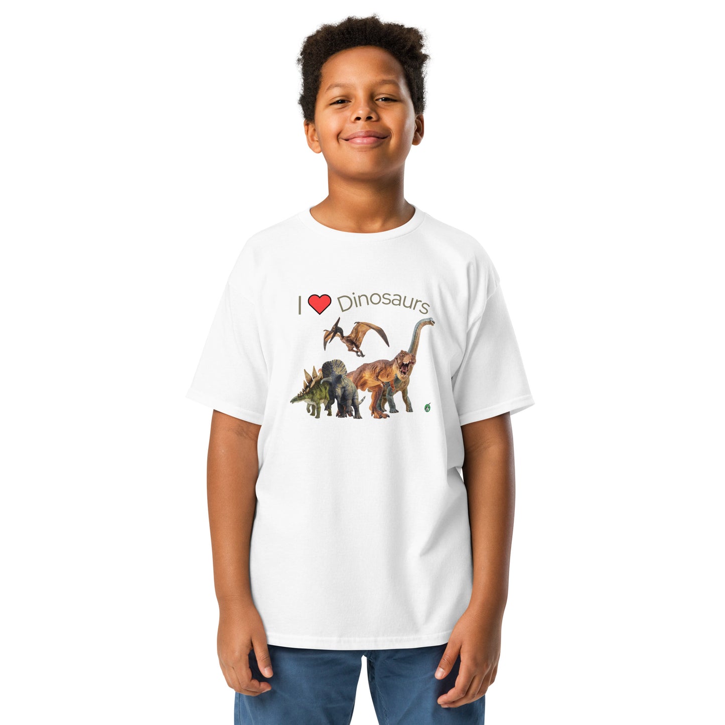 A boy standing and wearing a white t-shirt featuring a printed graphic of life like dinosaurs and the words, I love Dinosaurs, designed by Wizard Prints.