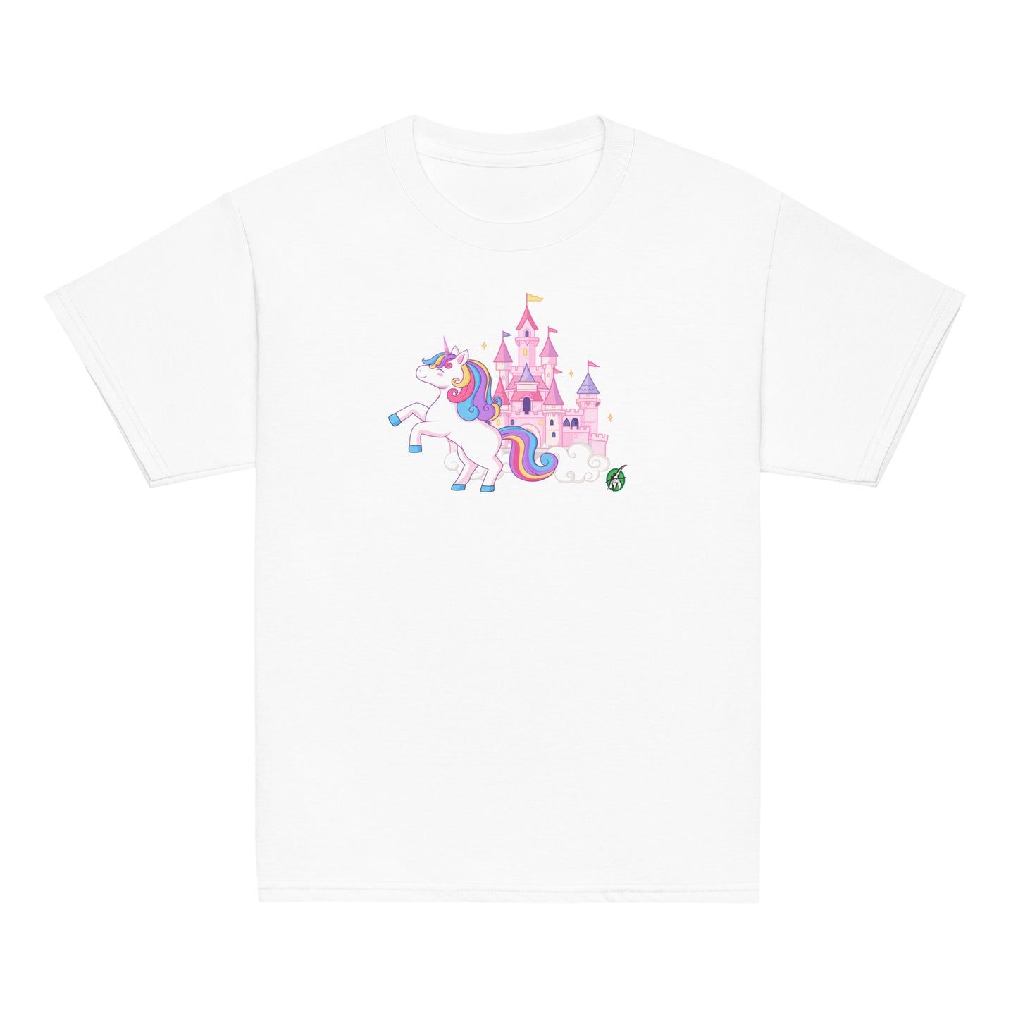 Kids' white t-shirt featuring a printed graphic of a unicorn in front of a castle, designed by Wizard Prints.