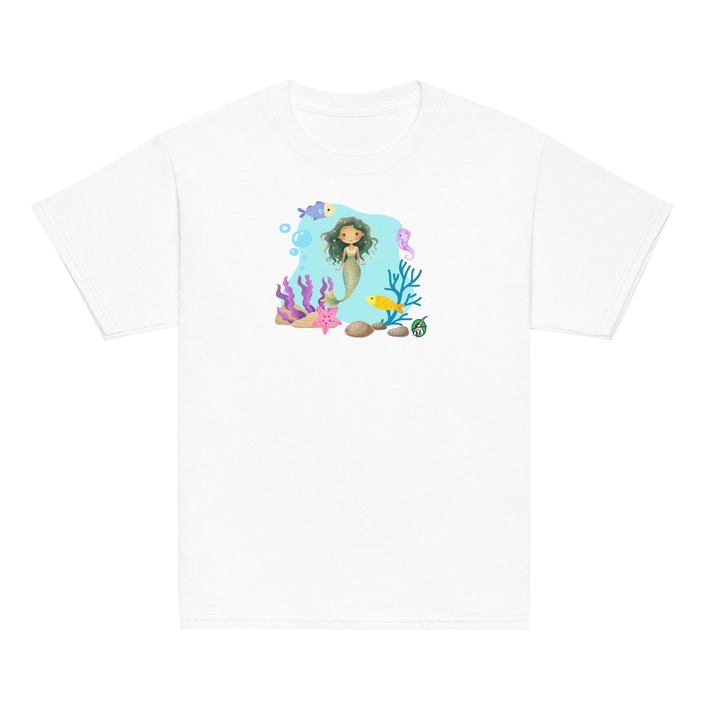 Kids' white t-shirt featuring a printed graphic of a mermaid surrounded by sea creatures and water, designed by Wizard Prints.