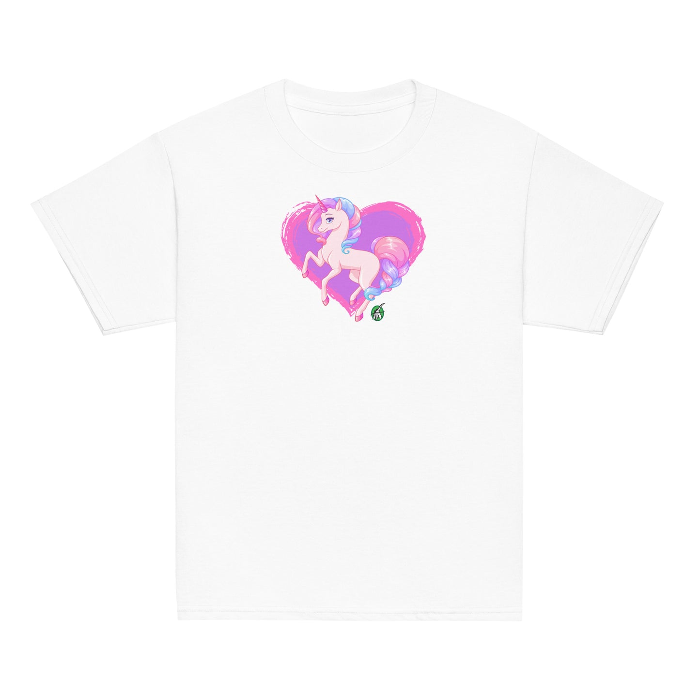 Kids' white t-shirt featuring a printed graphic of a pink unicorn on a purple heart background, designed by Wizard Prints.
