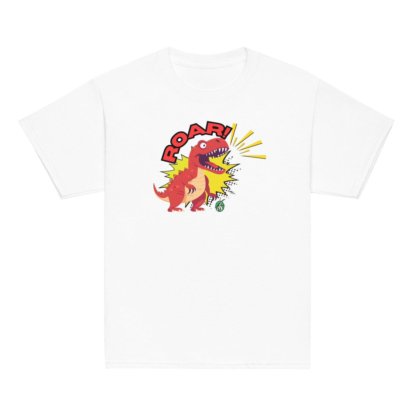 Kids' white t-shirt with a printed graphic of a roaring dinosaur and the word, Roar!. Designed by Wizard Prints.