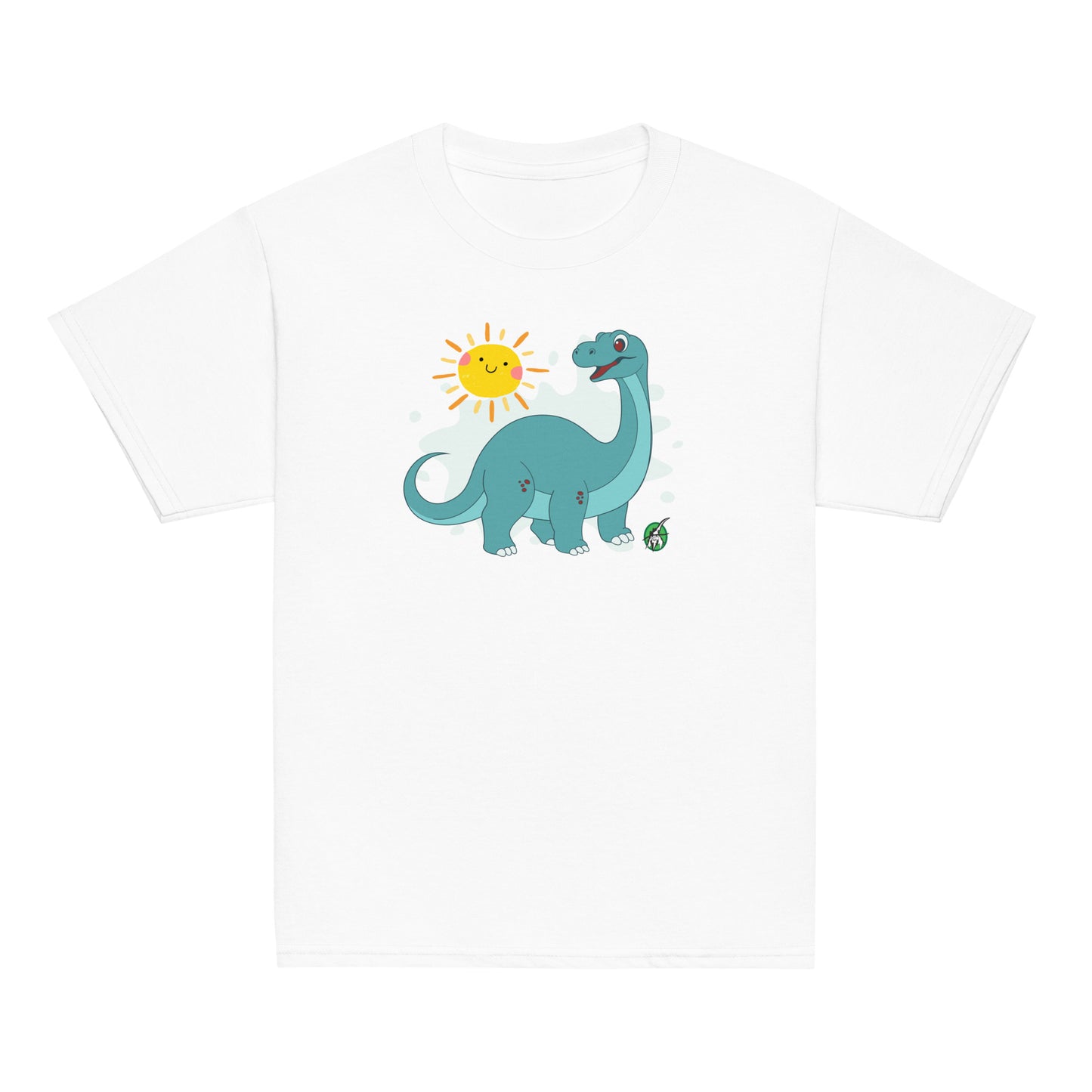 Kids' white t-shirt with a printed graphic of a smiling cartoon brachiosaurus and the sun. Designed by Wizard Prints.