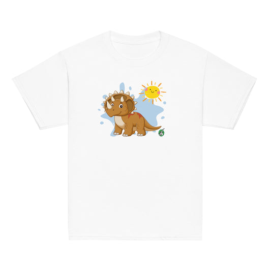 Kids' white t-shirt with a printed graphic of a smiling cartoon triceratops with the sun in the background. Designed by Wizard Prints.
