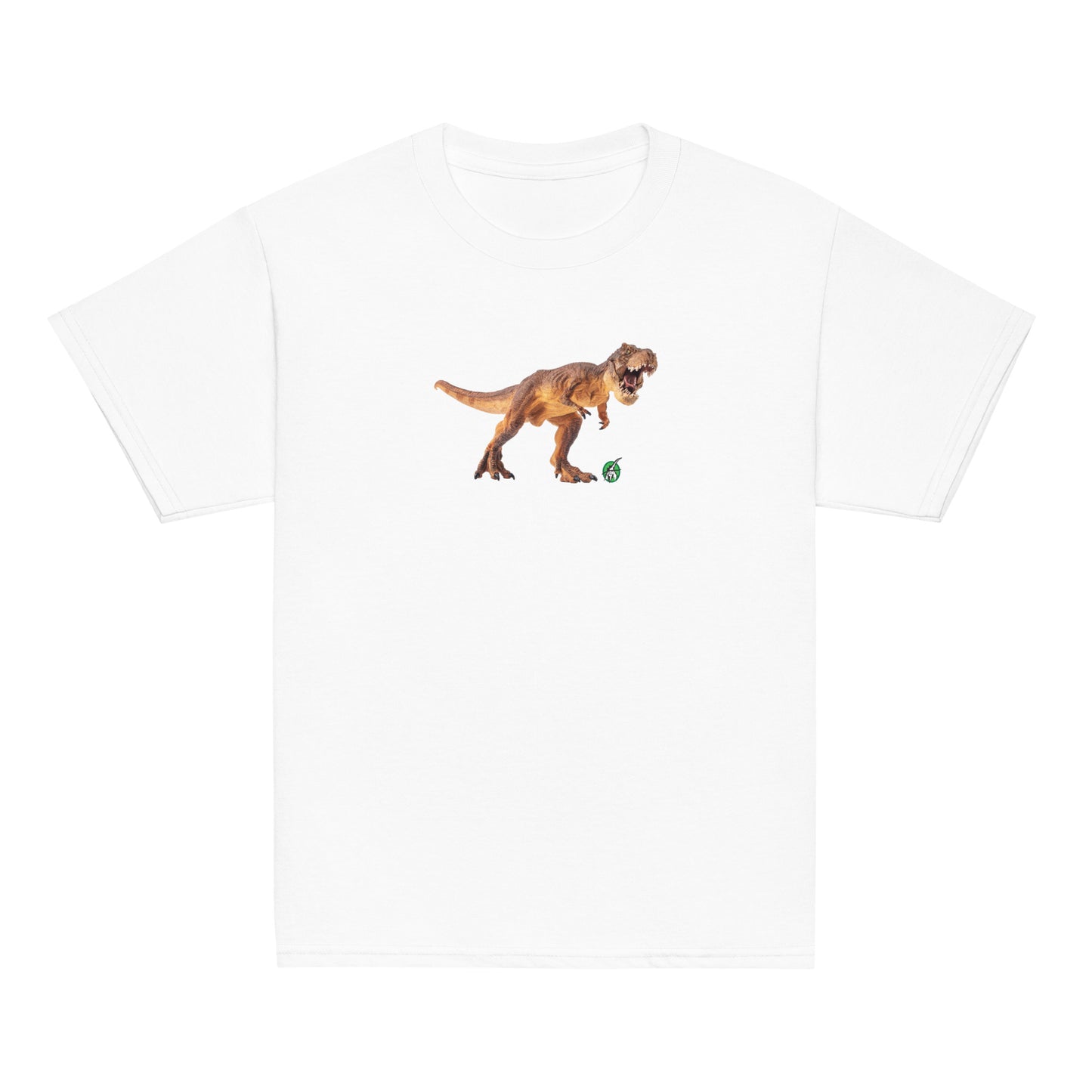 Kids' white t-shirt featuring a printed graphic of a life like dinosaur, designed by Wizard Prints.