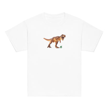 Kids' white t-shirt featuring a printed graphic of a life like dinosaur, designed by Wizard Prints.