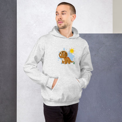A man standing wearing an ash hoodie with a printed graphic of a smiling cartoon dinosaur and the sun. Designed by Wizard Prints