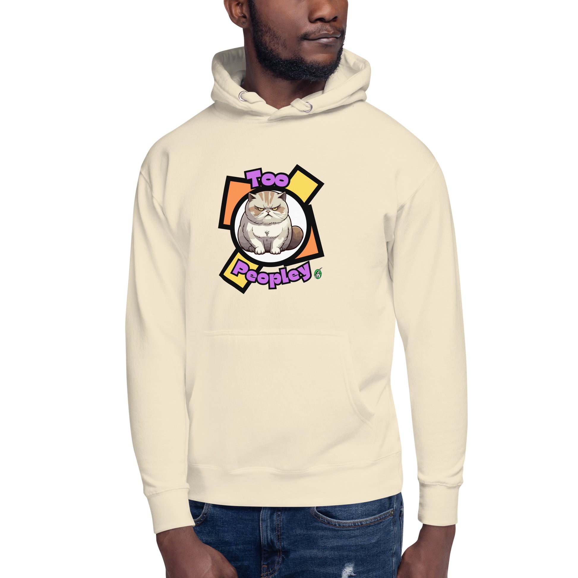 A man standing wearing a beige hoodie with a printed graphic of a grumpy cat with the words, 'Too Peopley'. Designed by Wizard Prints