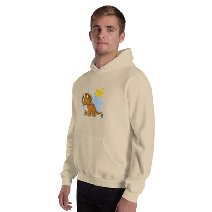 A man standing wearing a beige hoodie with a printed graphic of a smiling cartoon dinosaur and the sun. Designed by Wizard Prints