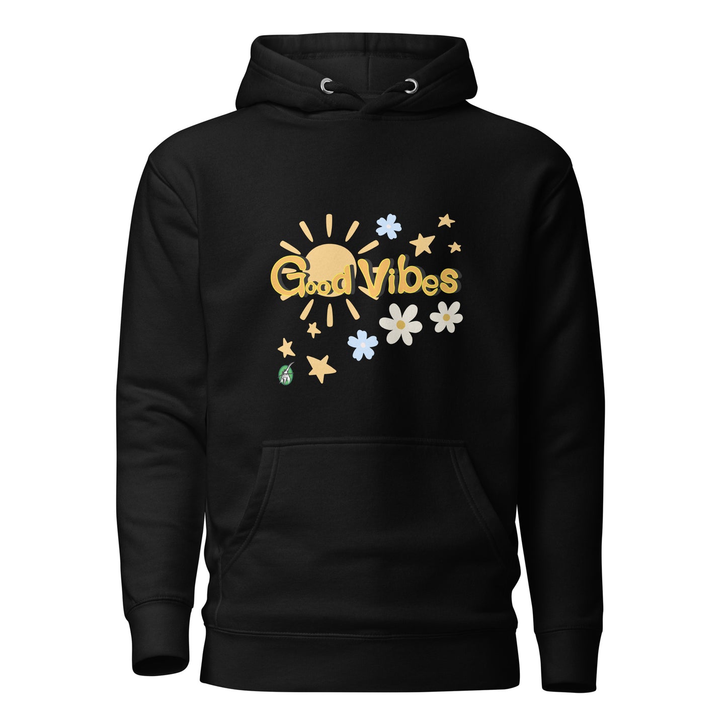 Men's black hoodie with a printed graphic of the sun with the words, 'Good Vibes'. Designed by Wizard Prints
