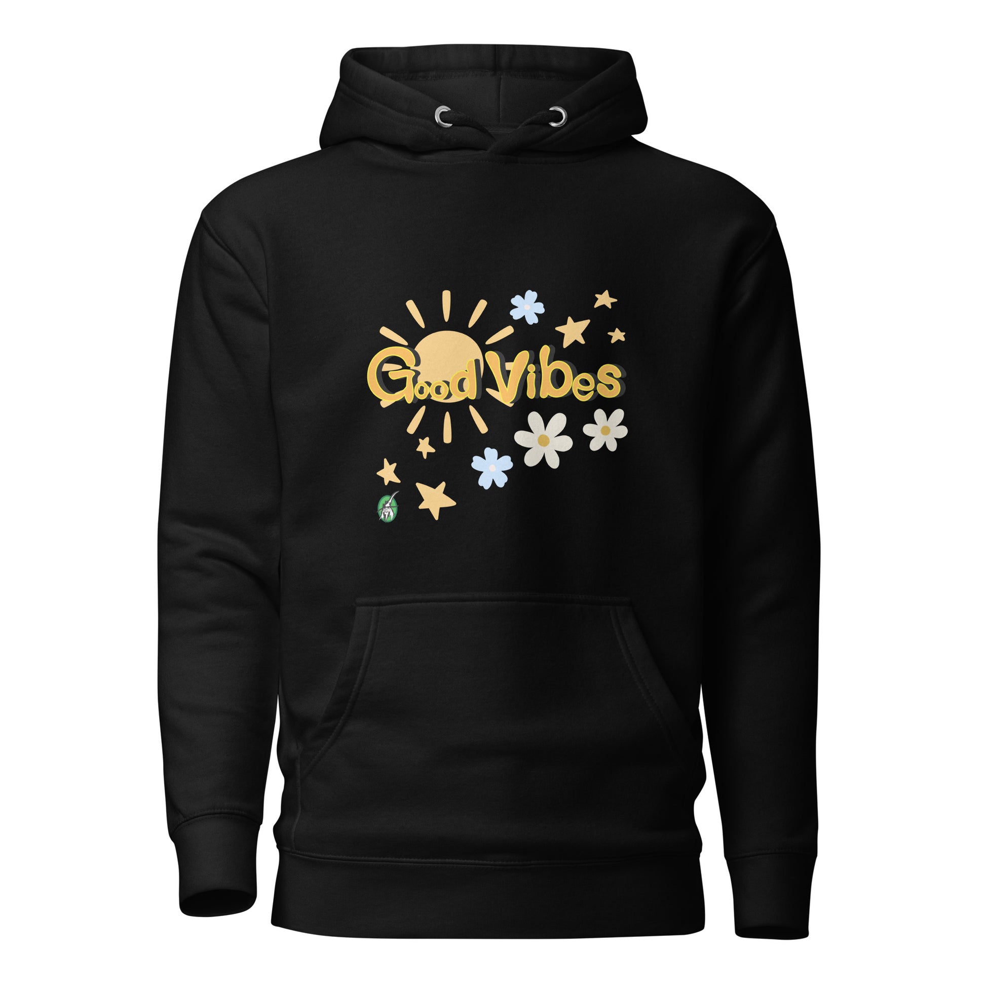 Men's black hoodie with a printed graphic of the sun with the words, 'Good Vibes'. Designed by Wizard Prints