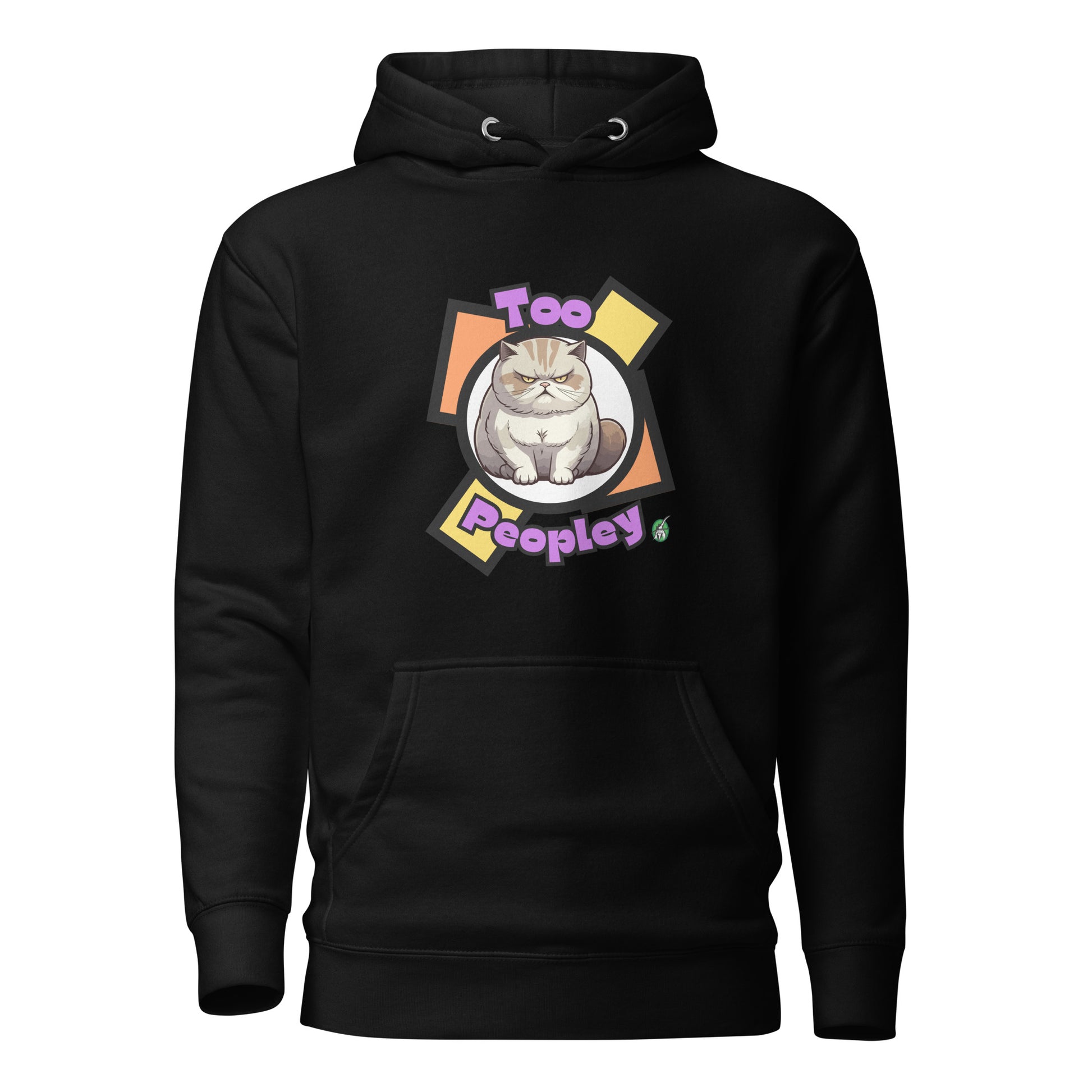 Men's black hoodie with a printed graphic of a grumpy cat with the words, 'Too Peopley'. Designed by Wizard Prints