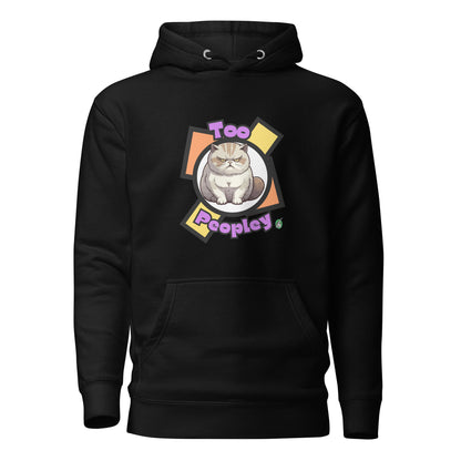 Men's black hoodie with a printed graphic of a grumpy cat with the words, 'Too Peopley'. Designed by Wizard Prints