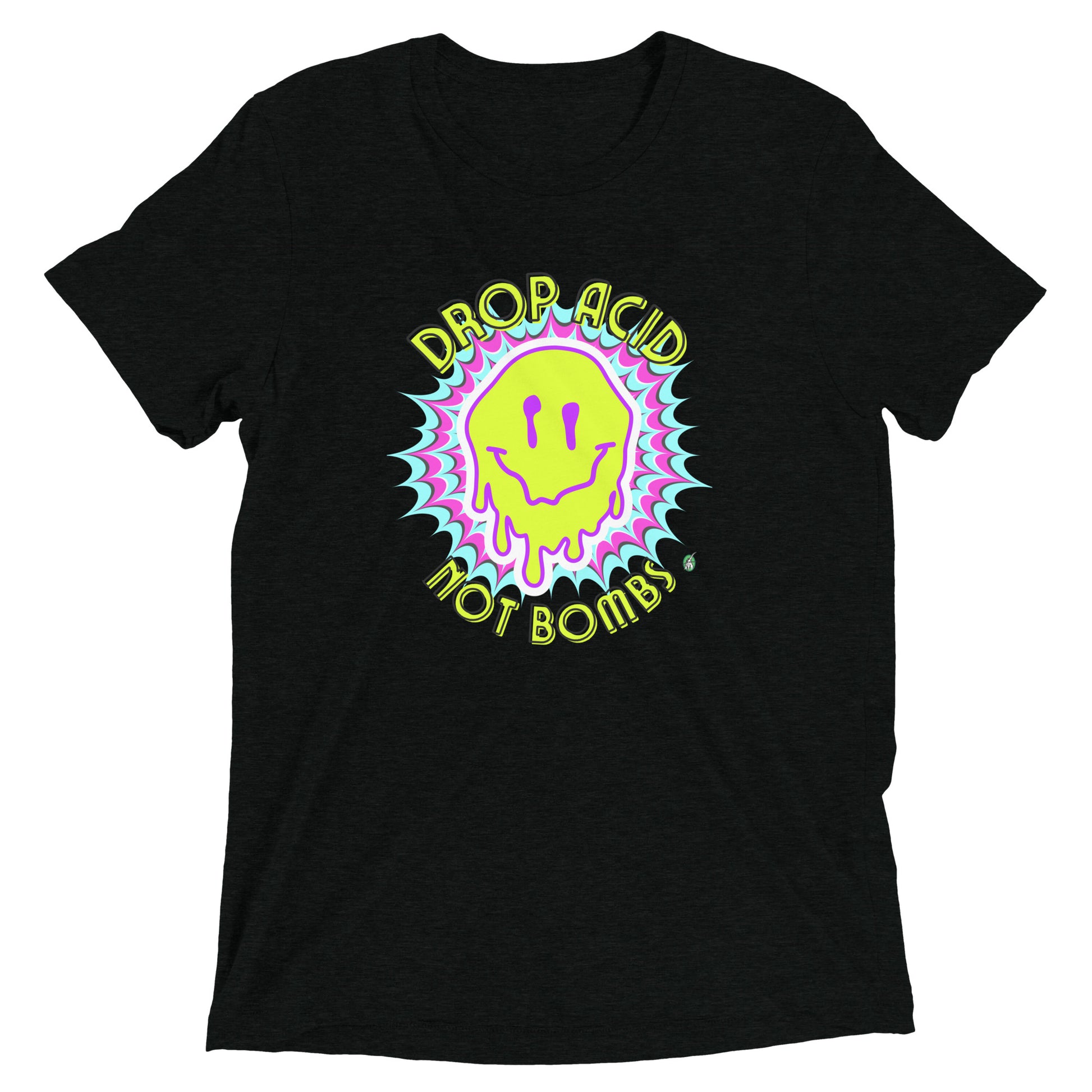 Men's festival graphic t-shirt in black from Wizard Prints Shop with the slogan, Drop Acid Not Bombs and the image of squiggly smiley face in bright colours