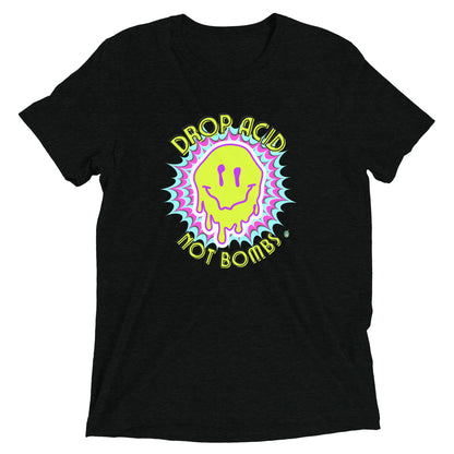 Men's festival graphic t-shirt in black from Wizard Prints Shop with the slogan, Drop Acid Not Bombs and the image of squiggly smiley face in bright colours