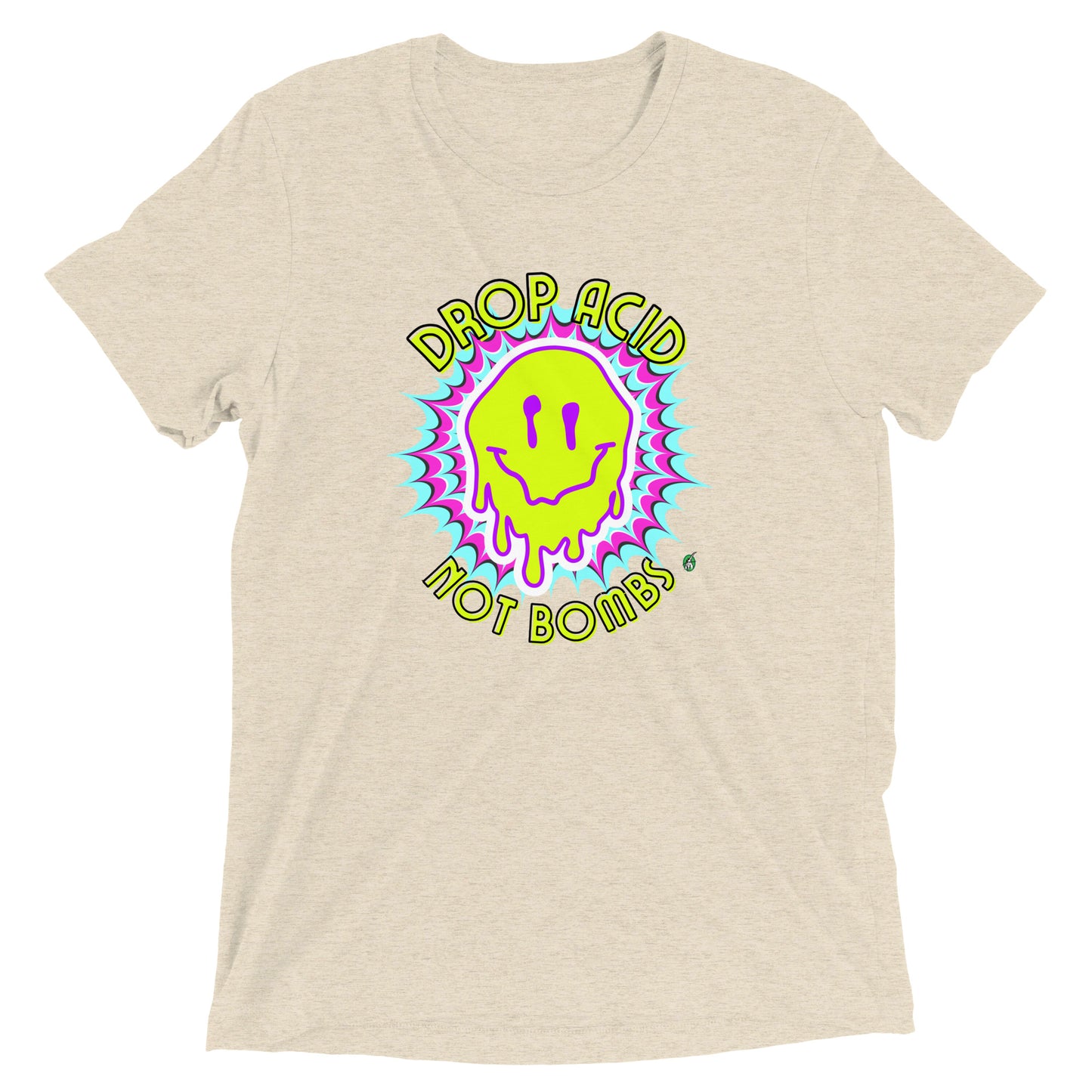 Men's festival graphic t-shirt in cream from Wizard Prints Shop with the slogan, Drop Acid Not Bombs and the image of squiggly smiley face in bright colours