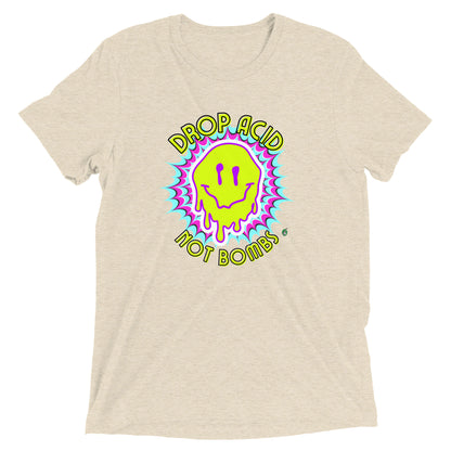 Men's festival graphic t-shirt in cream from Wizard Prints Shop with the slogan, Drop Acid Not Bombs and the image of squiggly smiley face in bright colours