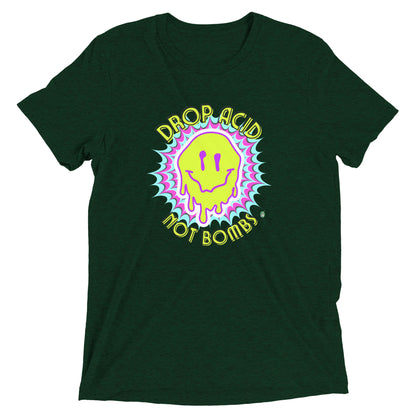 Men's festival graphic t-shirt in green from Wizard Prints Shop with the slogan, Drop Acid Not Bombs and the image of squiggly smiley face in bright colours