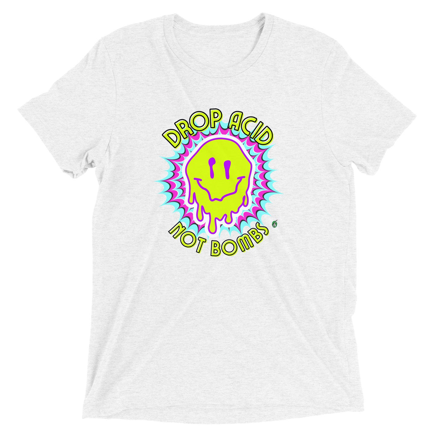 Men's festival graphic t-shirt in white from Wizard Prints Shop with the slogan, Drop Acid Not Bombs and the image of squiggly smiley face in bright colours