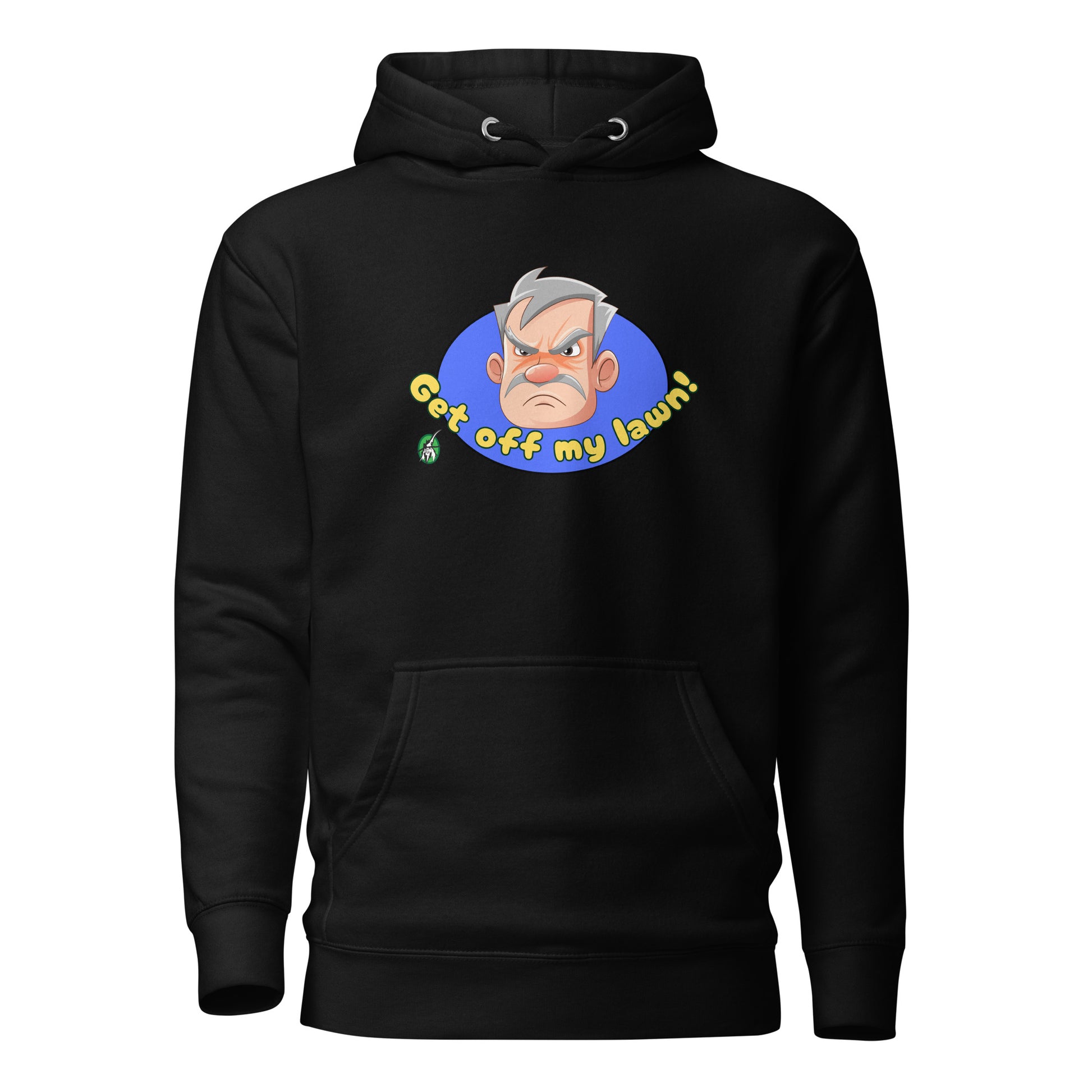 Men's black hoodie with a printed graphic of an old man's grumpy face with the words, Get Off My Lawn. Designed by Wizard Prints