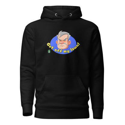 Men's black hoodie with a printed graphic of an old man's grumpy face with the words, Get Off My Lawn. Designed by Wizard Prints