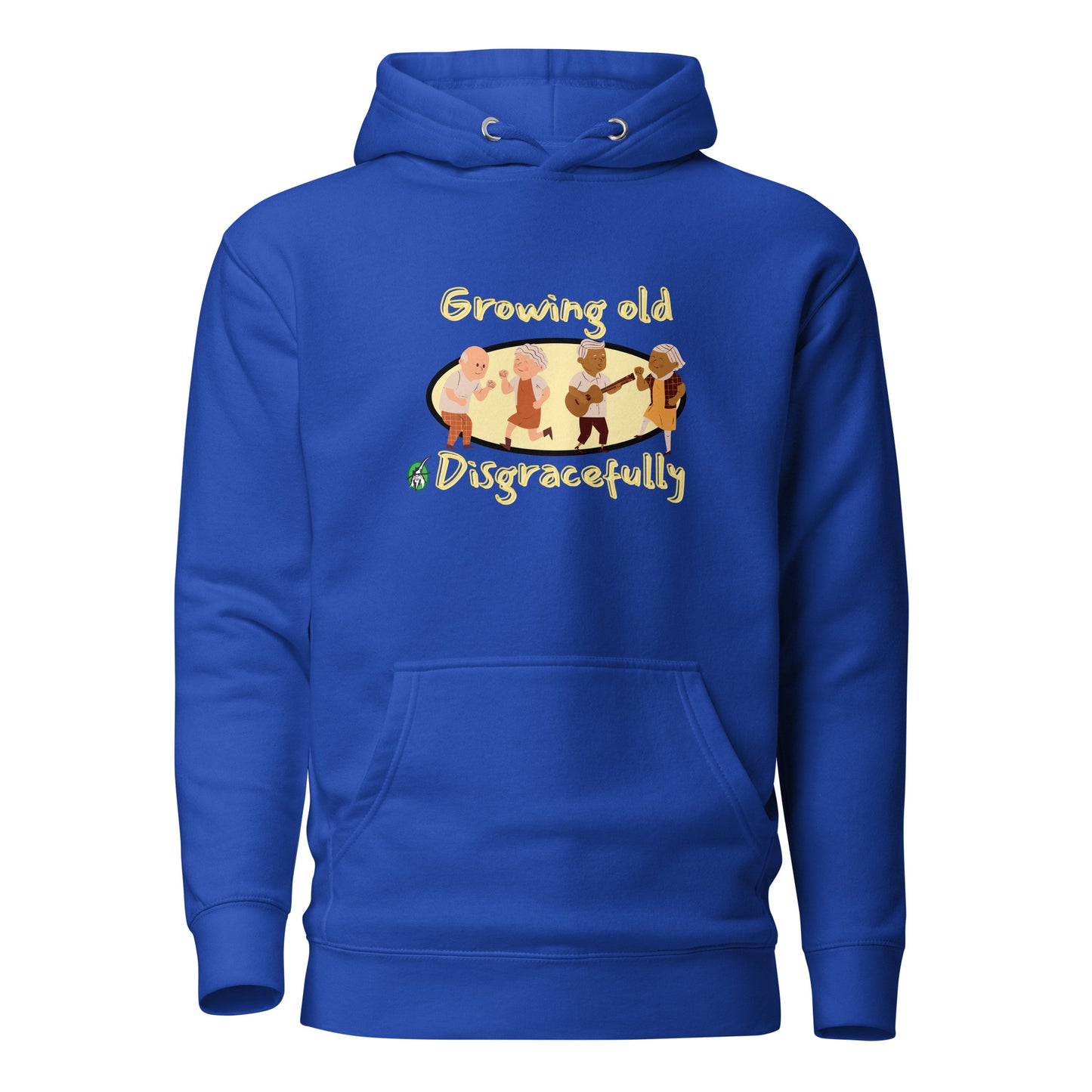 Men's blue hoodie with a printed graphic of a group of old people dancing and the words, Growing Old Disgracefully. Designed by Wizard Prints