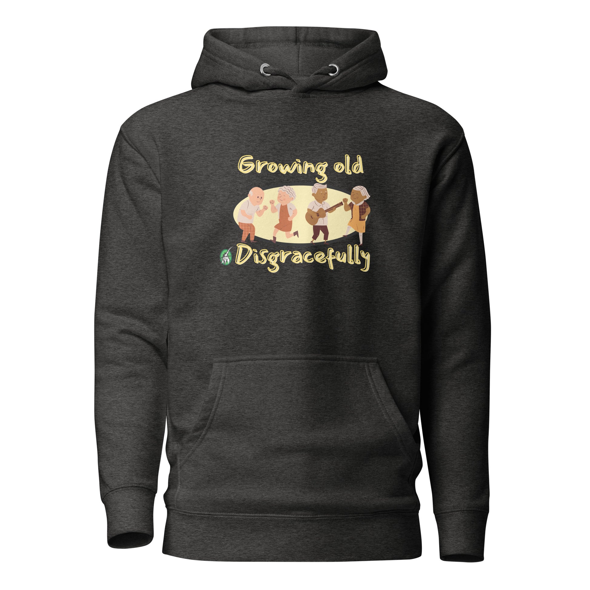 Men's charcoal hoodie with a printed graphic of a group of old people dancing and the words, Growing Old Disgracefully. Designed by Wizard Prints