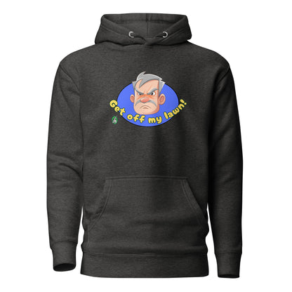 Men's charcoal hoodie with a printed graphic of an old man's grumpy face with the words, Get Off My Lawn. Designed by Wizard Prints