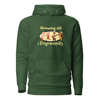Men's forest green hoodie with a printed graphic of a group of old people dancing and the words, Growing Old Disgracefully. Designed by Wizard Prints