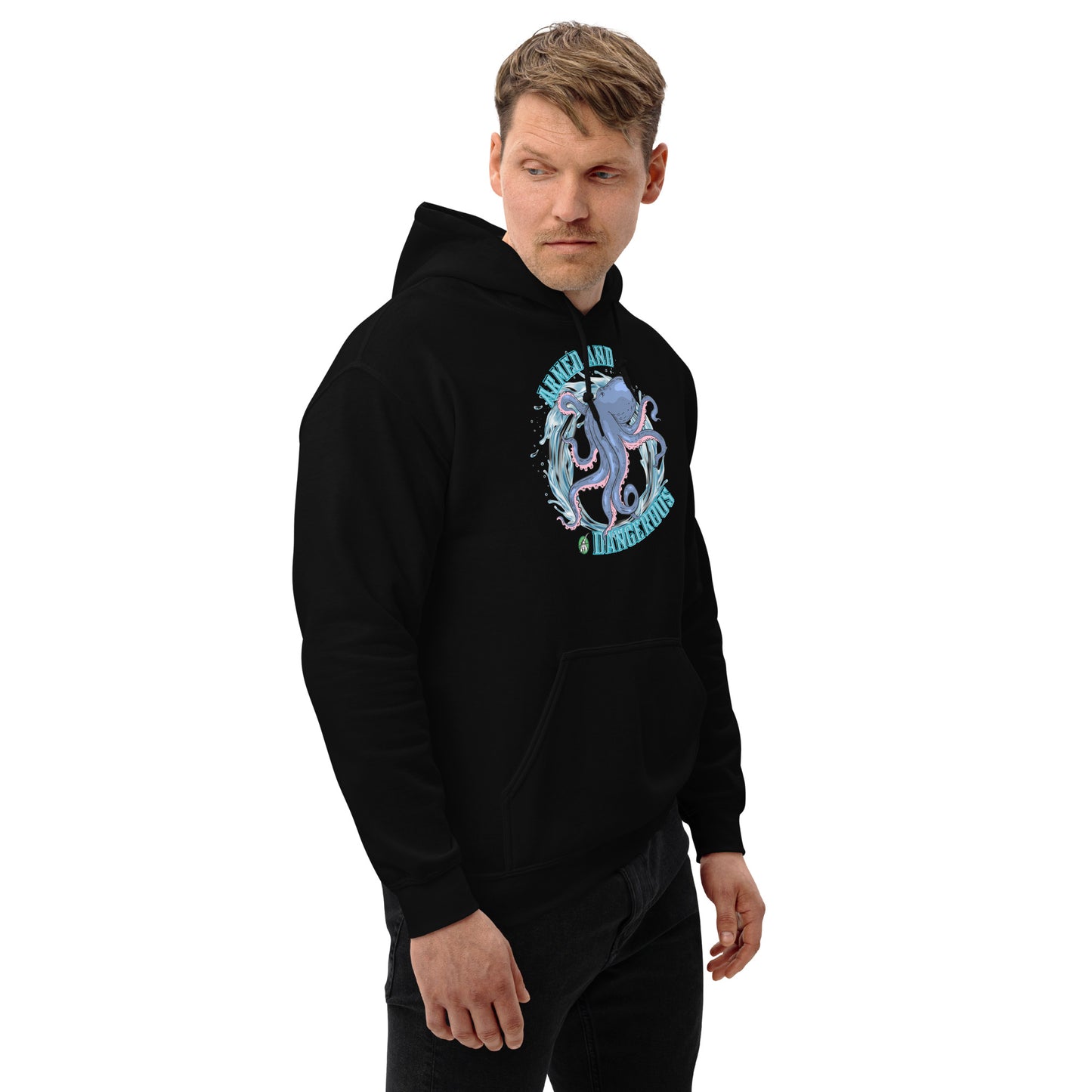 A man standing and wearing a black hoodie with a printed graphic of an octopus with the words, Armed and Dangerous. Designed by Wizard Prints.