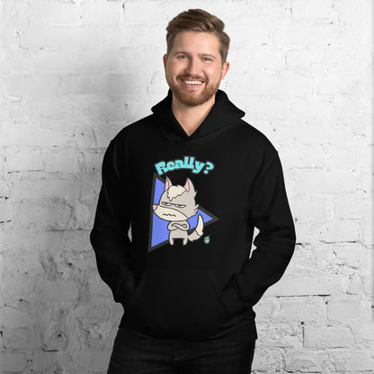 A man standing and wearing a black hoodie with a printed graphic of a grumpy fox with the word, 'Really?'. Designed by Wizard Prints.