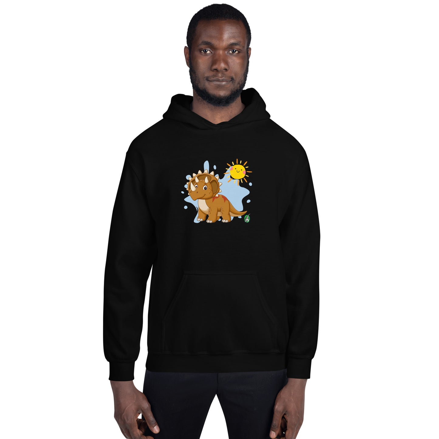 A man standing wearing a black hoodie with a printed graphic of a smiling cartoon dinosaur and the sun. Designed by Wizard Prints