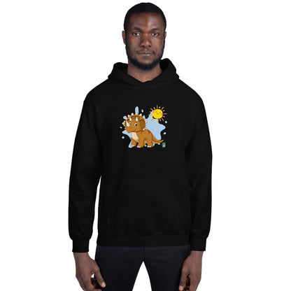A man standing wearing a black hoodie with a printed graphic of a smiling cartoon dinosaur and the sun. Designed by Wizard Prints
