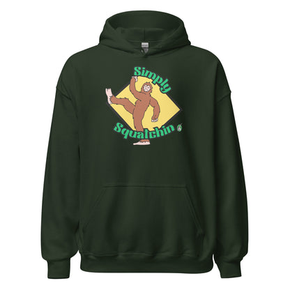 Men's dark green hoodie with a printed graphic of a sasquatch with the words, Simply Squatchin. Designed by Wizard Prints.