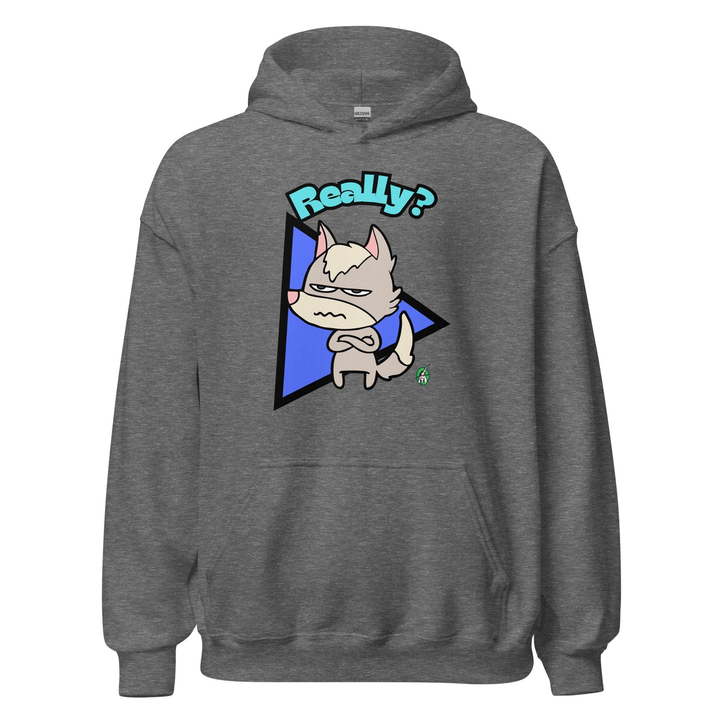 Men's dark grey hoodie with a printed graphic of a grumpy fox with the word, 'Really?'. Designed by Wizard Prints.