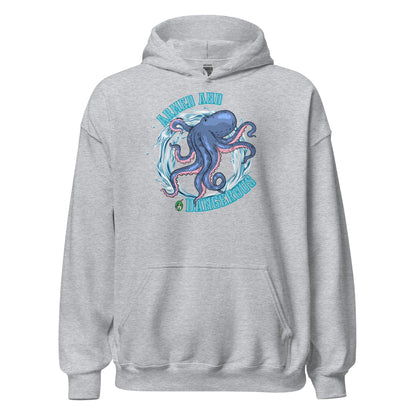 Women's grey hoodie with a printed graphic of an octopus with the words, Armed and Dangerous. Designed by Wizard Prints.