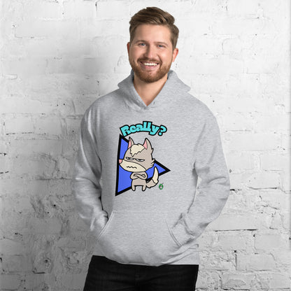 A man standing and wearing a light grey hoodie with a printed graphic of a grumpy fox with the word, 'Really?'. Designed by Wizard Prints.