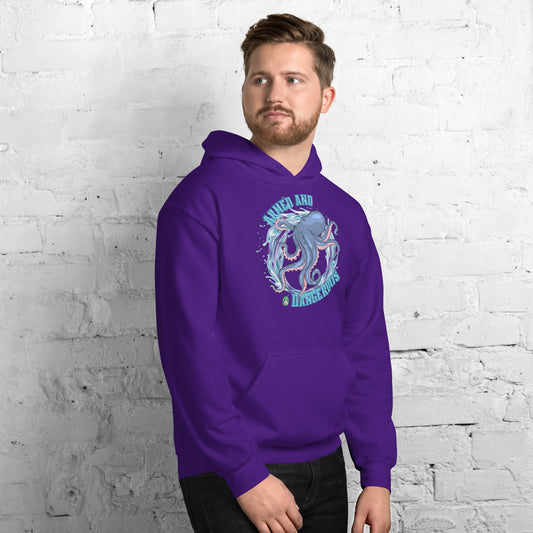 A man standing and wearing a purple hoodie with a printed graphic of an octopus with the words, Armed and Dangerous. Designed by Wizard Prints.