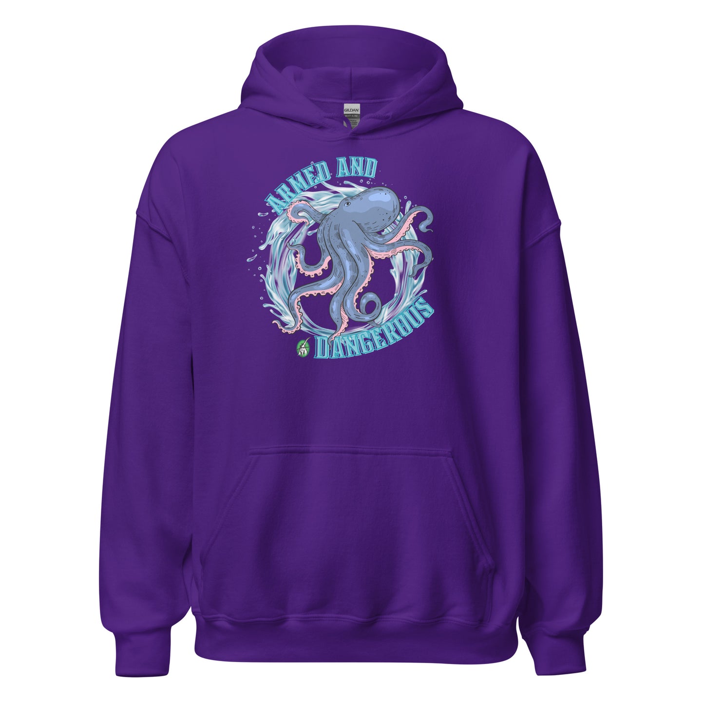 Women's purple hoodie with a printed graphic of an octopus with the words, Armed and Dangerous. Designed by Wizard Prints.