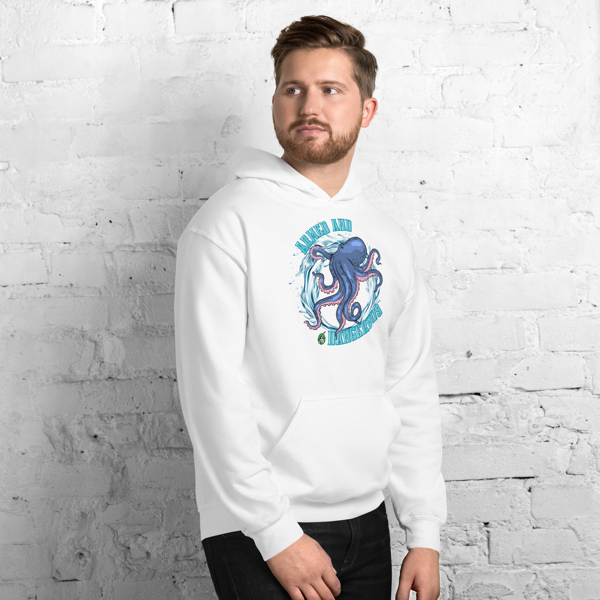 A man standing and wearing a white hoodie with a printed graphic of an octopus with the words, Armed and Dangerous. Designed by Wizard Prints.