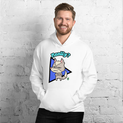 A man standing and wearing a white hoodie with a printed graphic of a grumpy fox with the word, 'Really?'. Designed by Wizard Prints.