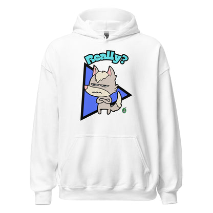 Men's white hoodie with a printed graphic of a grumpy fox with the word, 'Really?'. Designed by Wizard Prints.