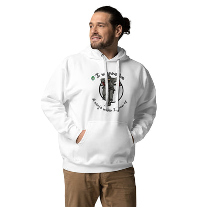 A man standing wearing a white hoodie with a printed graphic of a ninja with the words, I wanna be a ninja when I grow up. Designed by Wizard Prints